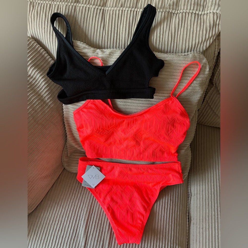 Vicious Young Babes Bikini Top & Bottom (Orange); Aerie Top (Black); All Large L